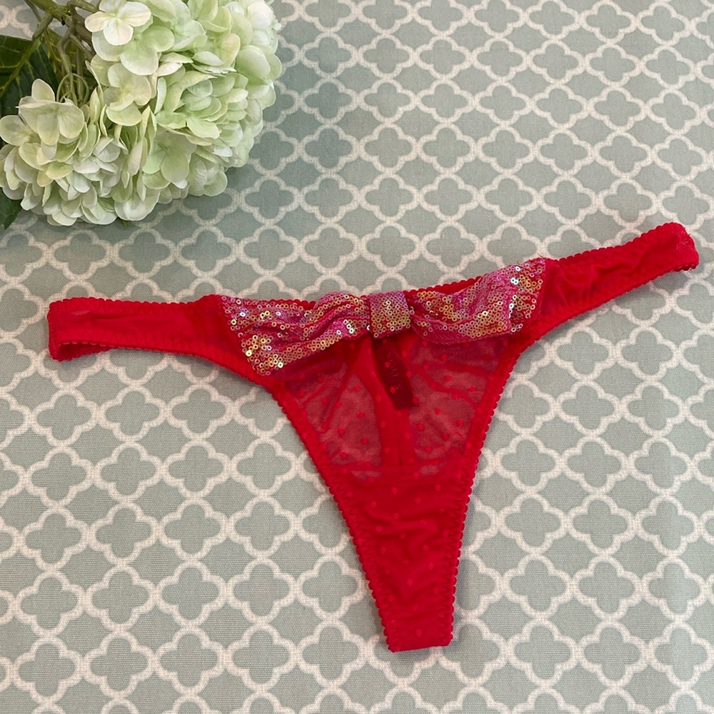 Vintage Victoria’s Secret Sexy Little Things Red Sequin Bow Mesh Thong L